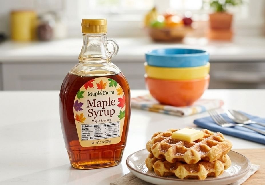 A commercial glass syrup bottle with a colorful label sitting next to a stack of golden waffles topped with a melting square of butter on a clean, modern white countertop.