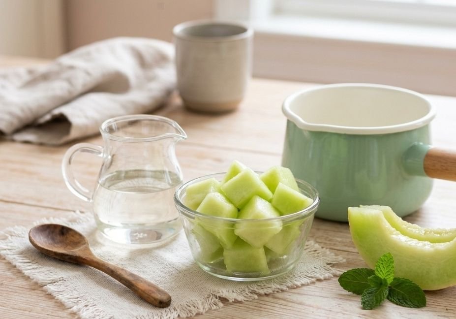 Ingredients to make honeydew melon simple syrup including fresh diced melon in a glass bowl, liquid sugar syrup, and a wooden spoon on a kitchen counter.