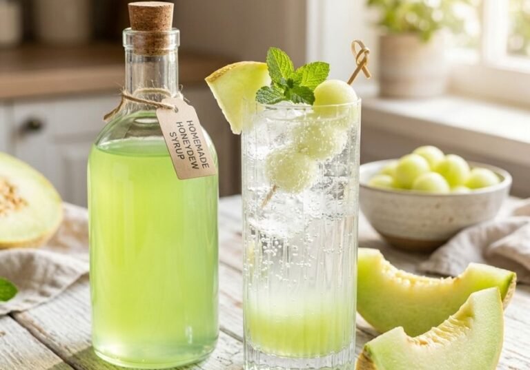 A bottle of homemade honeydew melon simple syrup sitting next to a glass of sparkling soda with melon balls and mint sprigs on a rustic wooden table.