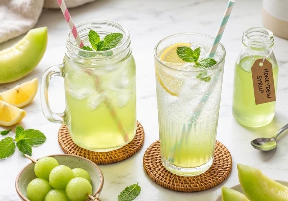 A glass jar of melon iced tea and a glass of sparkling melon lemonade served with pastel straws, mint leaves, and fresh melon balls.