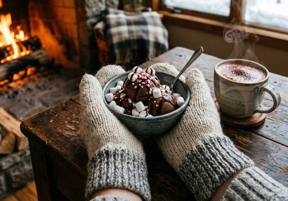 Mittened hands hold a bowl of dark chocolate ice cream topped with marshmallows by a warm, crackling fireplace.