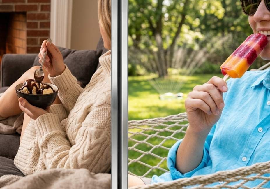 A close-up horizontal split-screen photo showing hands holding a hot-fudge sundae by a fireplace on the left, and a hand holding a fruit popsicle in a sunny backyard on the right.