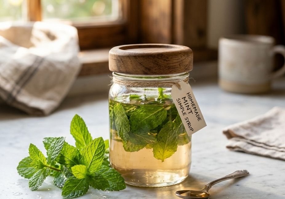 A vintage glass jar filled with golden mint simple syrup and fresh green mint leaves, resting on a marble countertop with a wooden lid and handwritten tag.
