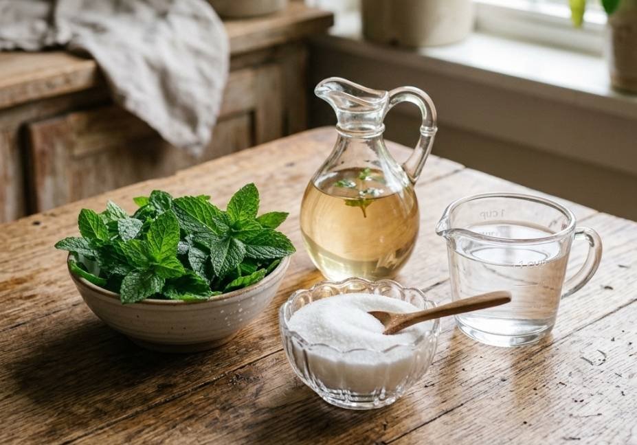 Ingredients for mint syrup including a bowl of fresh mint leaves, a bowl of white sugar, a measuring cup of water, and a glass pitcher on a rustic wooden table.