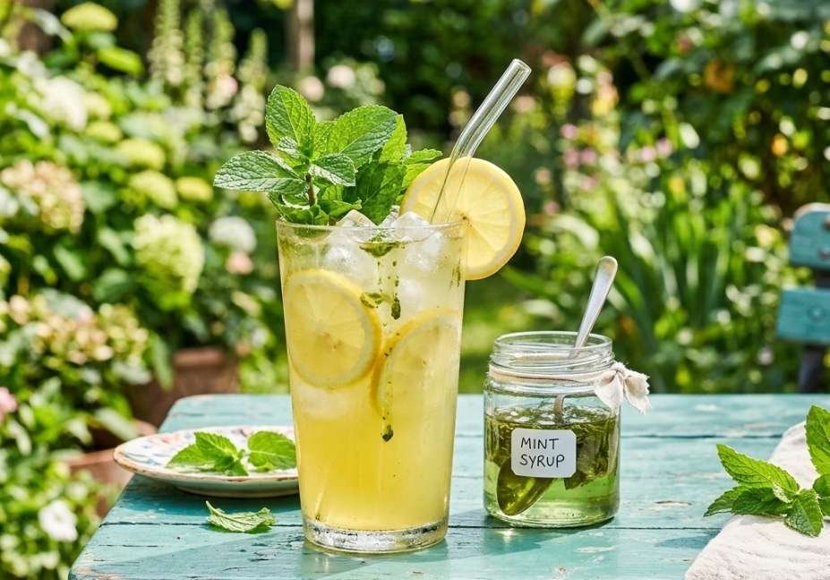 A tall glass of iced mint lemonade served with a glass straw alongside a small jar of mint syrup on a sunlit green patio table.