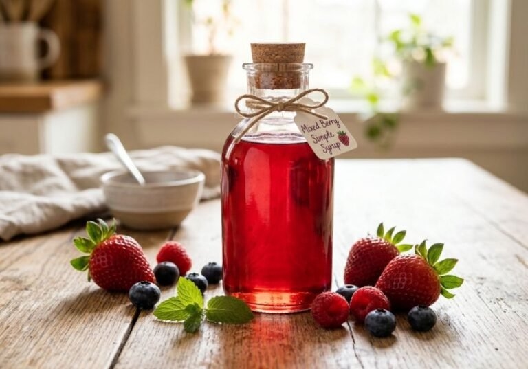 A glass bottle of ruby-red mixed berry simple syrup with a cute label, surrounded by fresh strawberries, blueberries, raspberries, and mint on a wooden table.