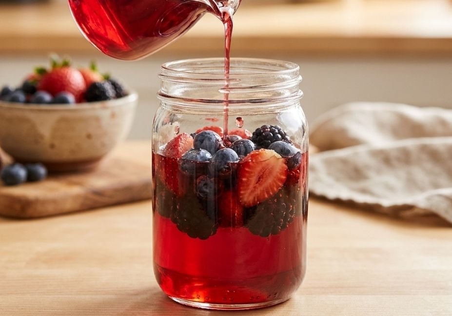 Fresh mixed berry simple syrup being poured from a glass pitcher into a glass jar filled with whole blueberries, blackberries, and strawberries.