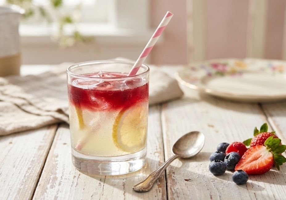 A glass of iced lemonade topped with a gradient layer of red mixed berry simple syrup, featuring a pink striped straw and fresh berries on the table.