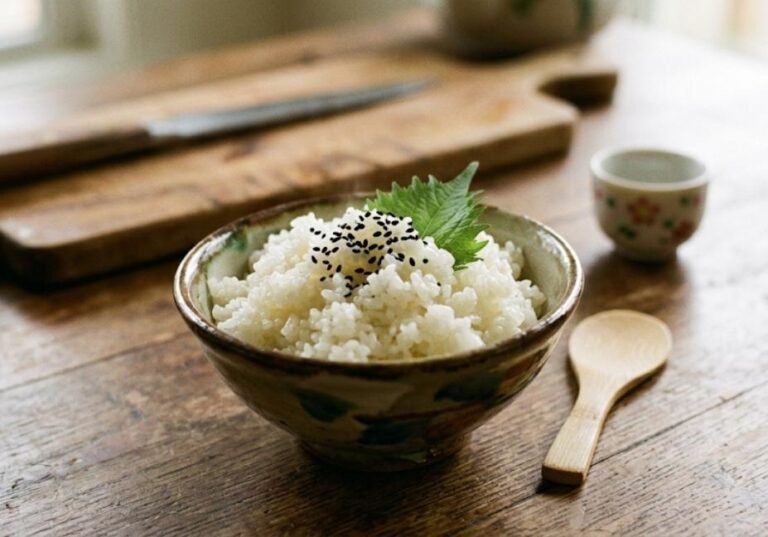 A small ceramic bowl of freshly cooked, glossy Japanese sushi rice garnished with black sesame seeds and a shiso leaf, placed on a rustic wooden table with a mini bamboo paddle.