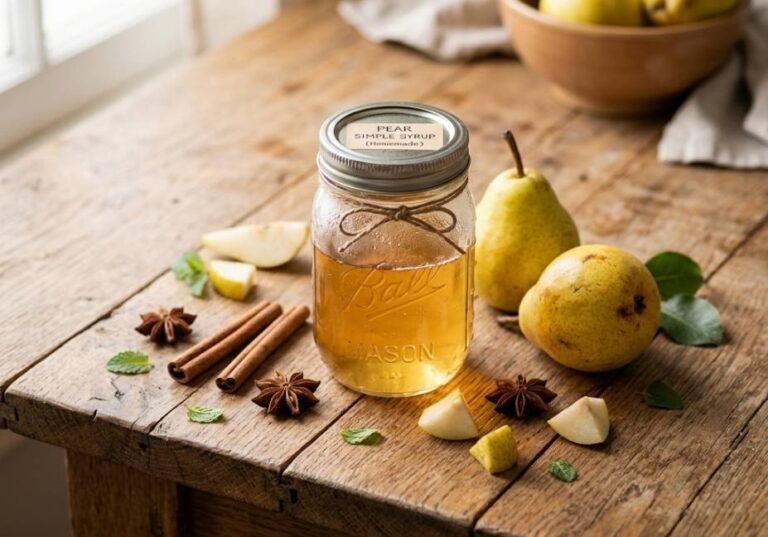 Glass mason jar filled with golden homemade pear simple syrup on a rustic wooden table surrounded by fresh pears, cinnamon sticks, and star anise.