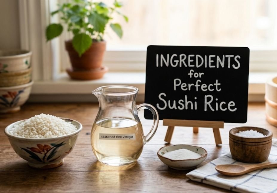 An arrangement of key ingredients for sushi rice on a wooden counter, including short-grain rice, seasoned rice vinegar, sugar, sea salt, and a small chalkboard sign reading "Ingredients for Perfect Sushi Rice."