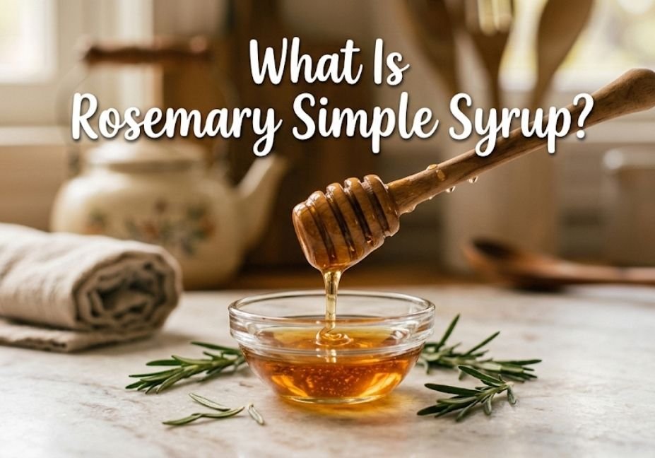 A close-up shot of amber syrup dripping from a wooden honey dipper into a small glass bowl, surrounded by fresh rosemary leaves on a marble surface, with the text "What Is Rosemary Simple Syrup?" above.