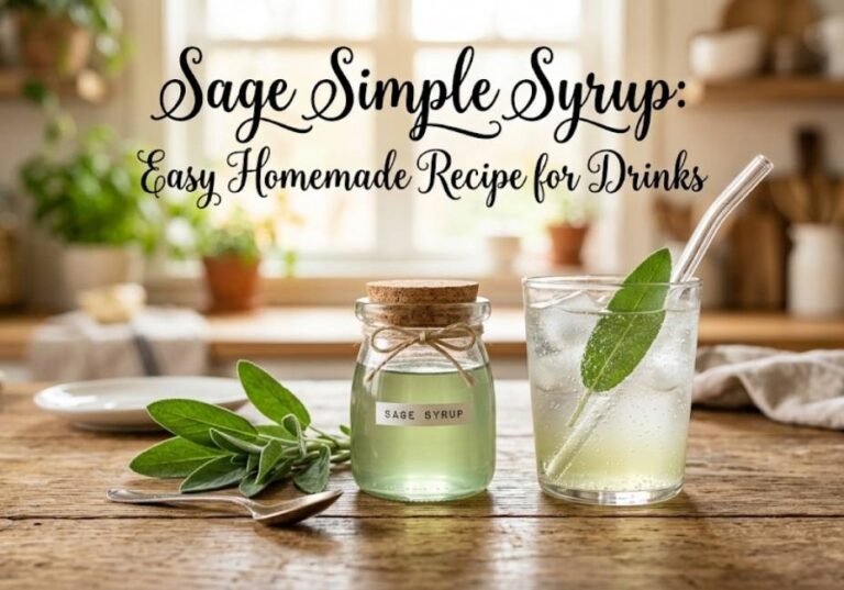 A glass jar of light green sage simple syrup sitting on a rustic wooden table next to a sparkling iced drink garnished with a fresh sage leaf, set against a bright kitchen background with text overlay reading "Sage Simple Syrup: Easy Homemade Recipe for Drinks".