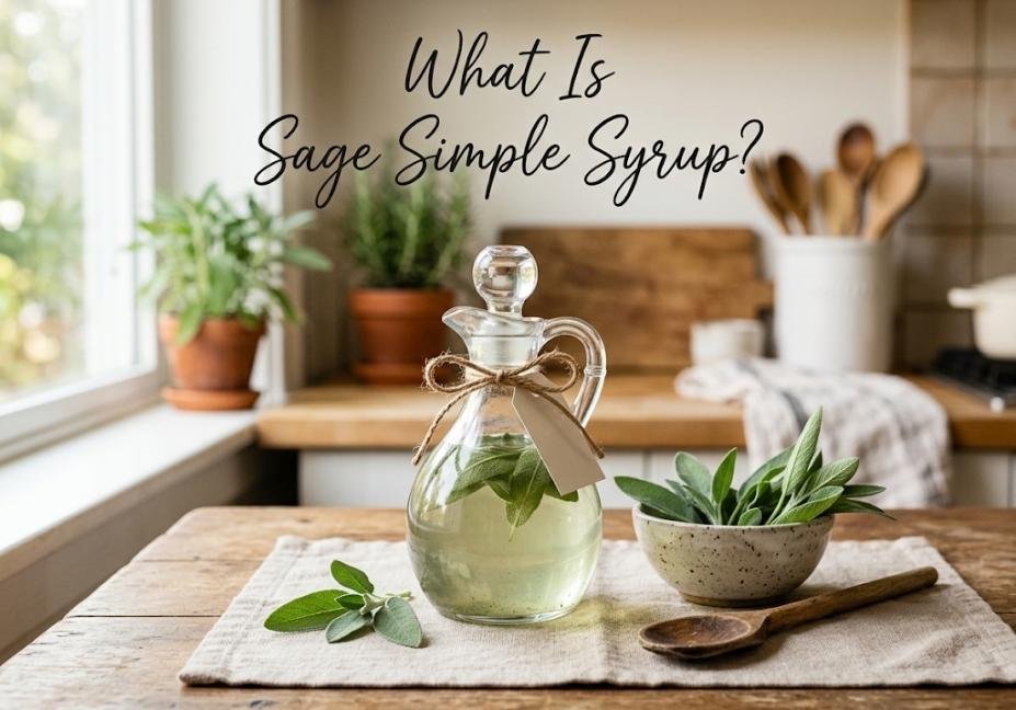 A clear glass pitcher filled with sage simple syrup alongside a ceramic bowl of fresh sage sprigs and a wooden spoon on a linen towel, featuring text overlay asking "What Is Sage Simple Syrup?".