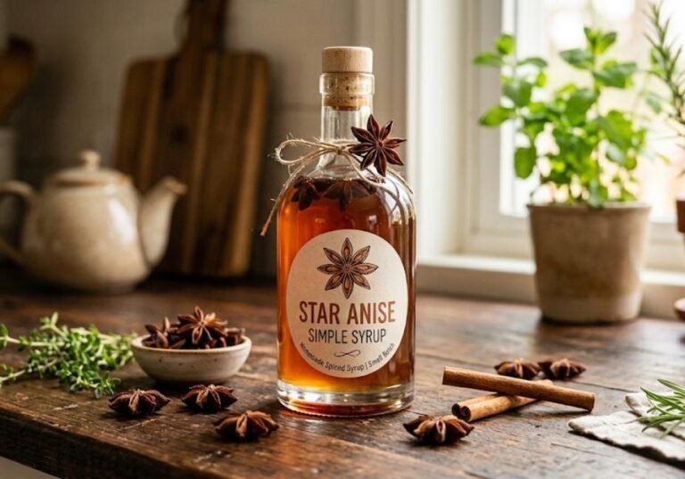 A glass bottle of golden star anise simple syrup with a handwritten label on a dark wooden kitchen counter surrounded by whole star anise pods, cinnamon sticks, and fresh herbs.
