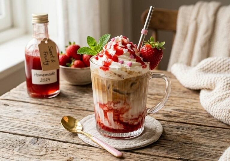 An iced strawberry coffee latte topped with whipped cream, heart sprinkles, and fresh strawberry garnish on a rustic wooden table next to a homemade syrup bottle.