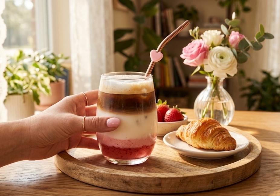 A layered iced strawberry coffee in a glass held by hand on a wooden tray, served next to a fresh croissant and flowers in soft sunlight.