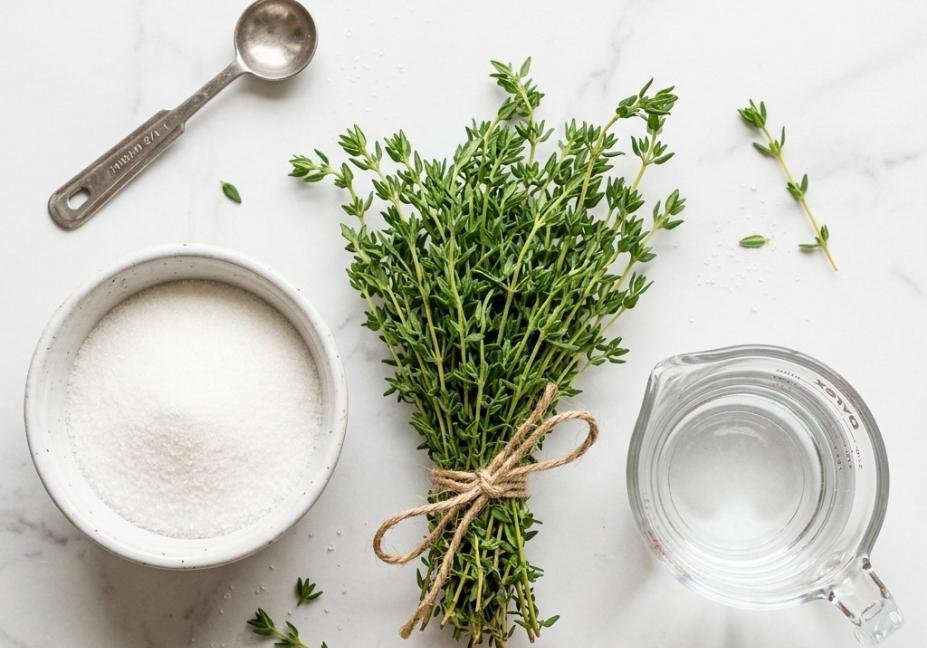Overhead flat-lay view of ingredients for thyme syrup, including a ceramic bowl of white sugar, a glass measuring cup of water, and a fresh bundle of thyme tied with twine on a white marble surface.