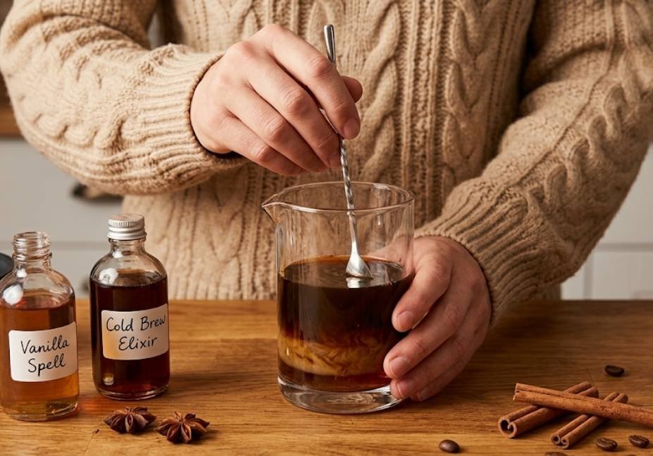Close-up shot of a person in a cozy sweater using a thin silver spoon to stir dark cold brew coffee in a crystal mixing glass, next to small bottles labeled "Vanilla Spell" and "Cold Brew Elixir" on a warm wooden kitchen counter.
