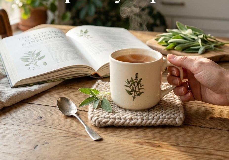 A close-up view of a steaming mug of hot tea on a knitted coaster with fresh sage leaves and an open recipe book on a wooden table, featuring clear text overlay asking "What Is Sage Simple Syrup?".